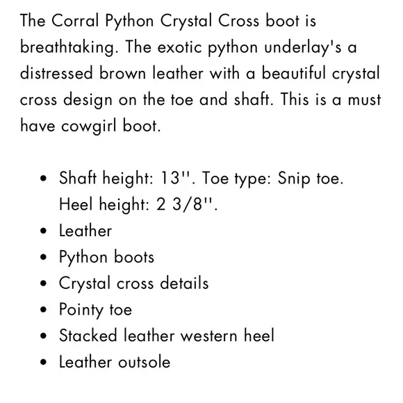 Corral Women’s Python Crystal Cross Pointed Toe Leather Boots