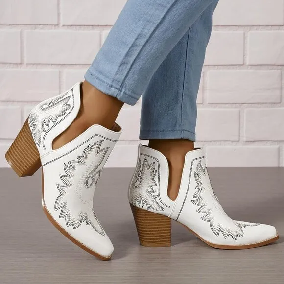 Cowgirl Ankle Western Embroidered Stitched Pointed   Chunky Heels  for women