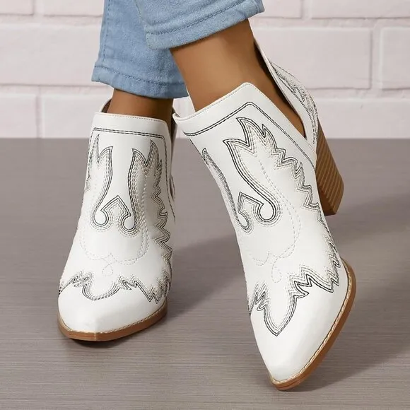 Cowgirl Ankle Western Embroidered Stitched Pointed   Chunky Heels  for women