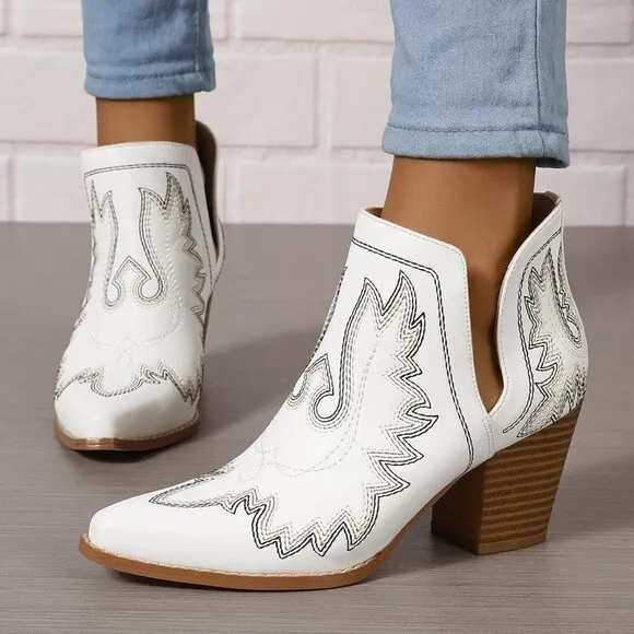 Cowgirl Ankle Western Embroidered Stitched Pointed   Chunky Heels  for women