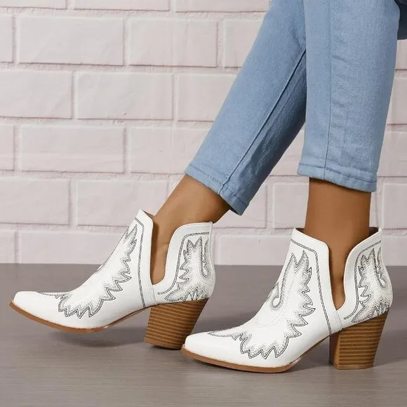 Cowgirl Ankle Western Embroidered Stitched Pointed   Chunky Heels  for women