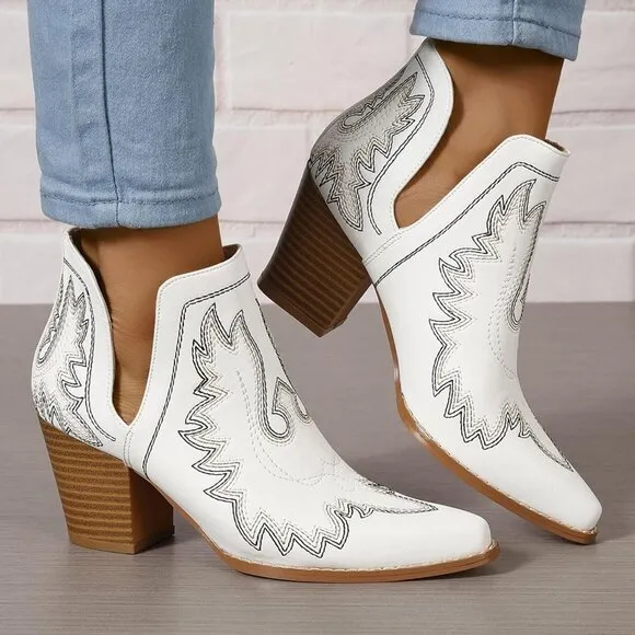 Cowgirl Ankle Western Embroidered Stitched Pointed   Chunky Heels  for women