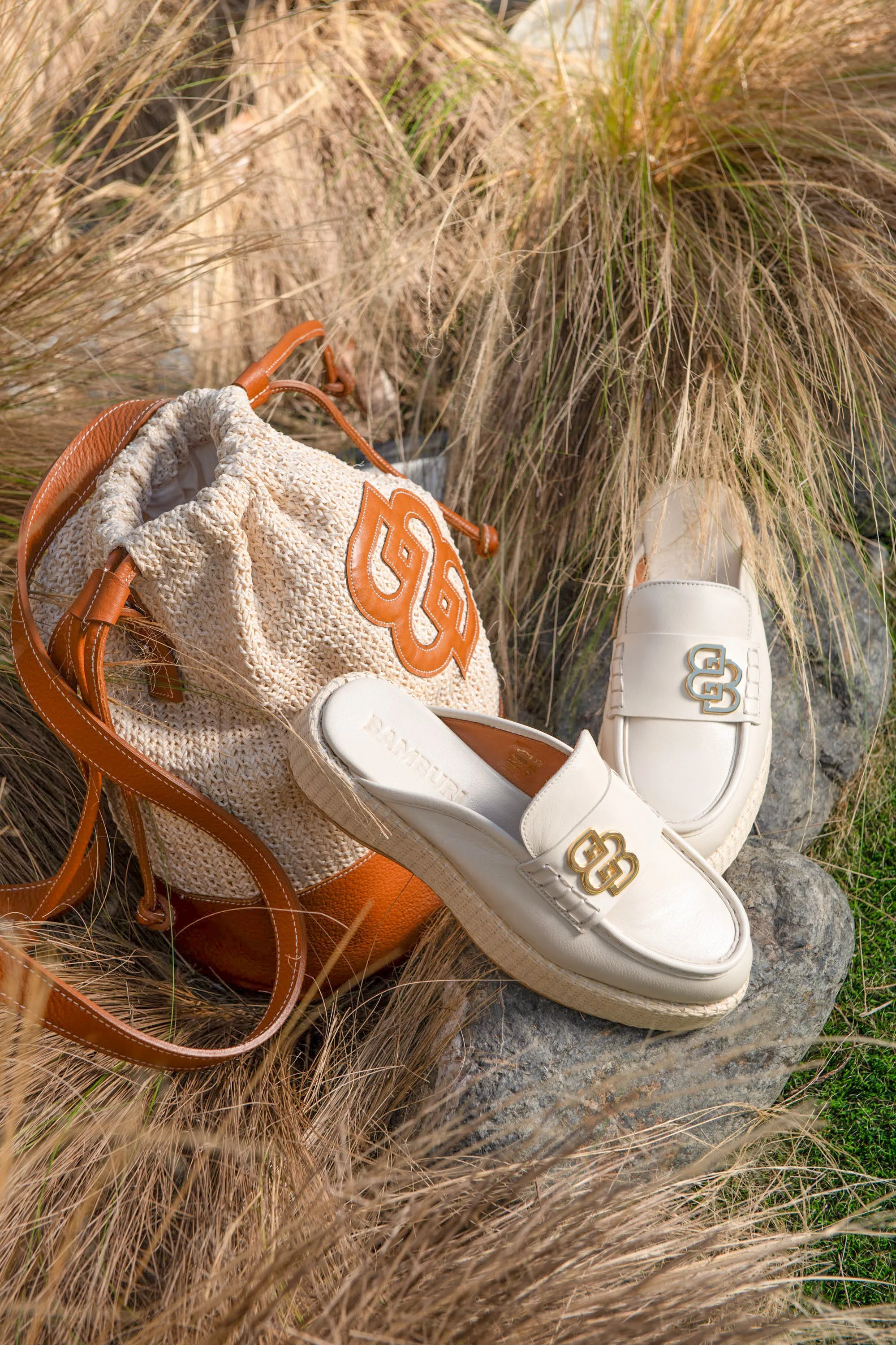 Cream Leather Loafers with Espadrille Sole and Gold Emblem