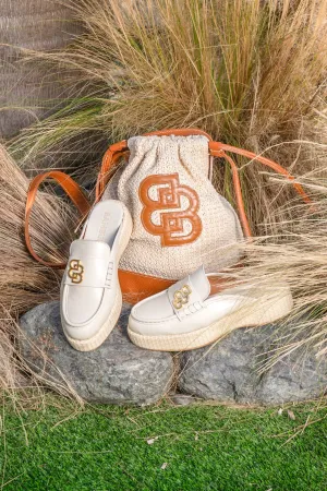 Cream Leather Loafers with Espadrille Sole and Gold Emblem