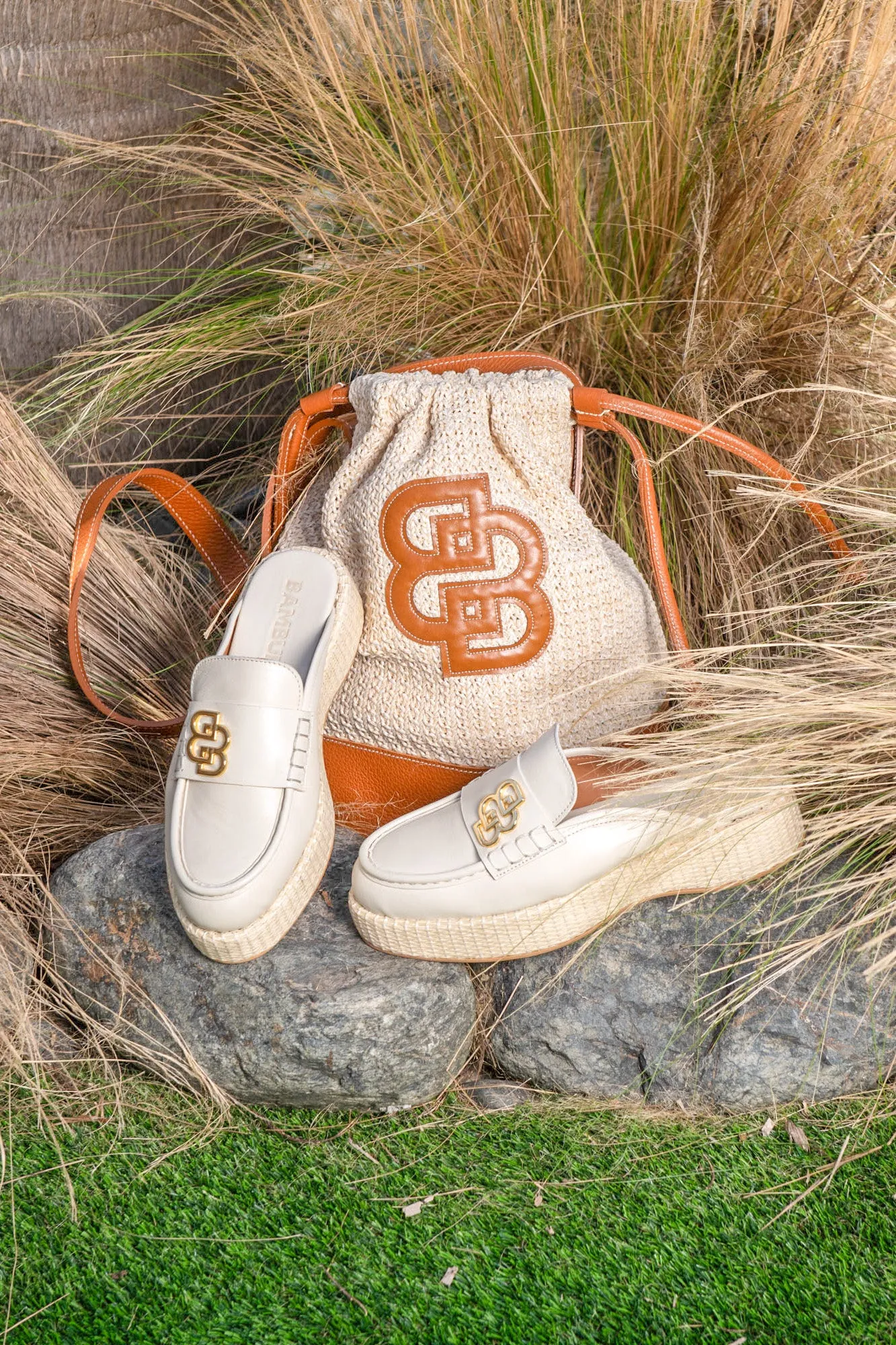 Cream Leather Loafers with Espadrille Sole and Gold Emblem