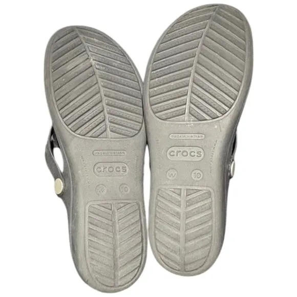 Crocs Sanrah Wedge Sandals‎ Silver Circle Black Flip Flop Slip On Womens Size 10