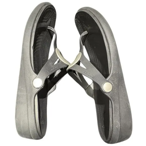 Crocs Sanrah Wedge Sandals‎ Silver Circle Black Flip Flop Slip On Womens Size 10