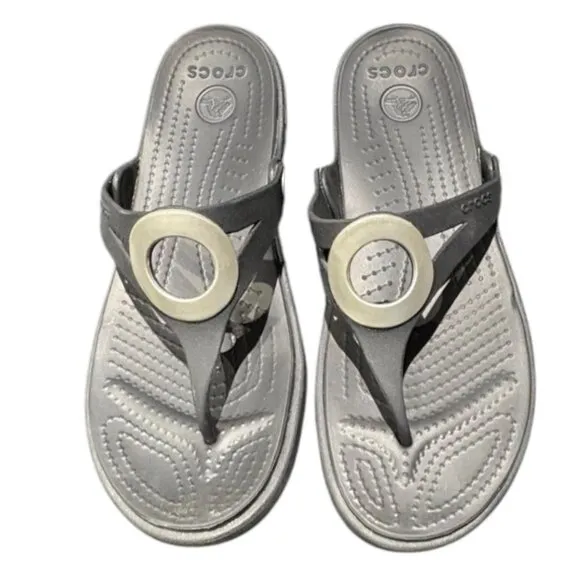 Crocs Sanrah Wedge Sandals‎ Silver Circle Black Flip Flop Slip On Womens Size 10