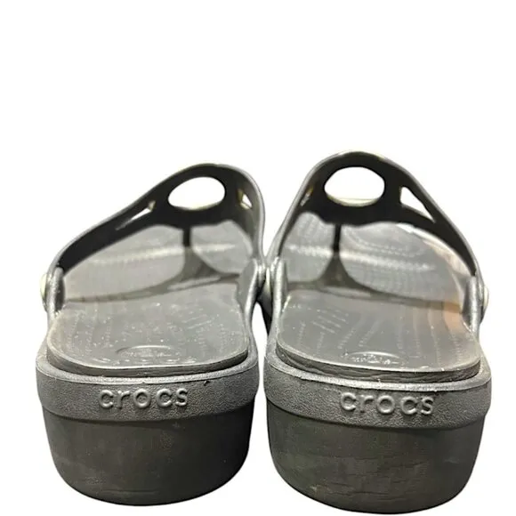 Crocs Sanrah Wedge Sandals‎ Silver Circle Black Flip Flop Slip On Womens Size 10