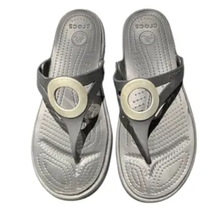 Crocs Sanrah Wedge Sandals‎ Silver Circle Black Flip Flop Slip On Womens Size 10