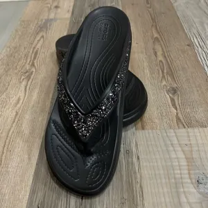 Crocs Women's  Sloane Glitter Black Flip Flops Thongs Sandals Size 10