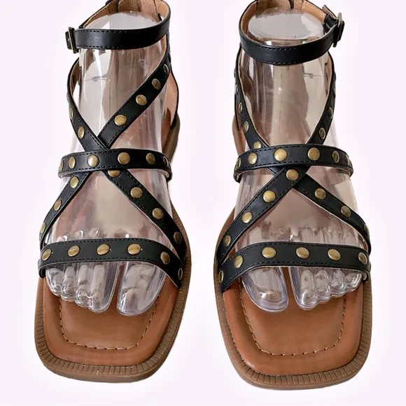 Crown Vintage, Studded Gladiator Square Toe Ankle Strap Buckle Sandals