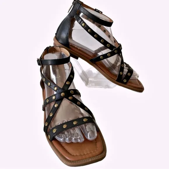 Crown Vintage, Studded Gladiator Square Toe Ankle Strap Buckle Sandals