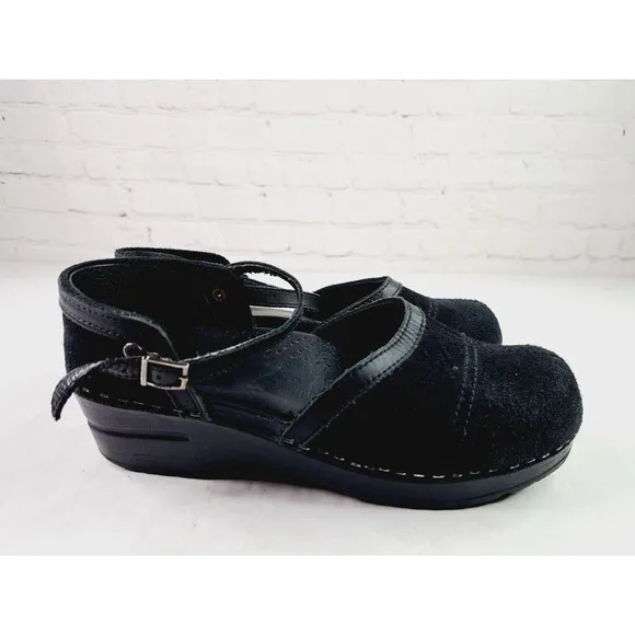 Dansko Sally Womens Sz 39/9 Black Suede Mary Jane Closed Toe Clog Sandals Ankle