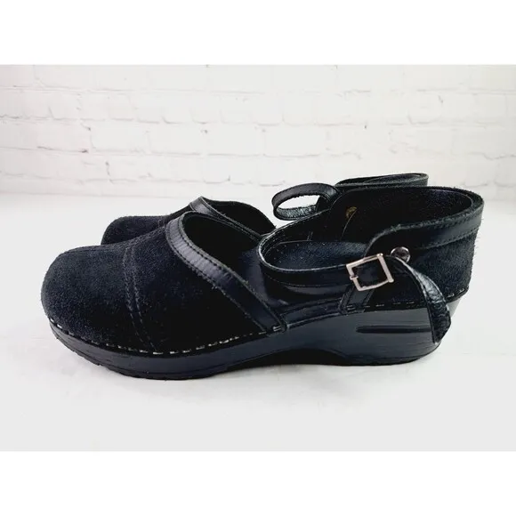 Dansko Sally Womens Sz 39/9 Black Suede Mary Jane Closed Toe Clog Sandals Ankle