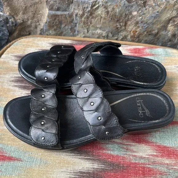 Dansko Sandals Women's 37 EU 6.5-7 US Black Slides Braided Studded Straps