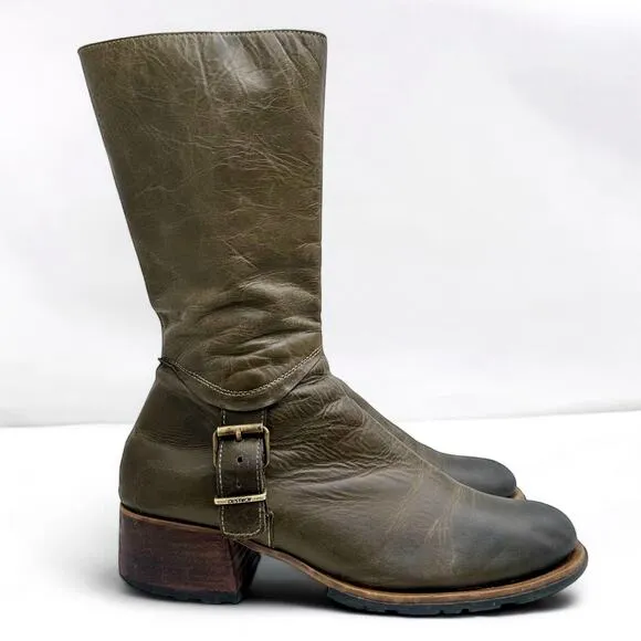 DESTROY Vintage Chunky Olive Green Buckle Leather Boots EU 38 Made in Spain Y2K