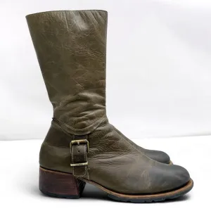 DESTROY Vintage Chunky Olive Green Buckle Leather Boots EU 38 Made in Spain Y2K