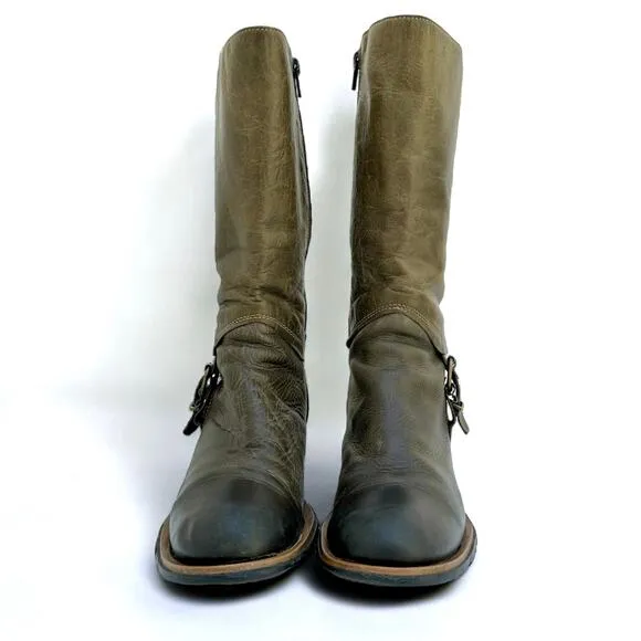 DESTROY Vintage Chunky Olive Green Buckle Leather Boots EU 38 Made in Spain Y2K