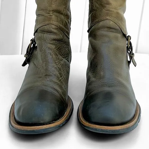 DESTROY Vintage Chunky Olive Green Buckle Leather Boots EU 38 Made in Spain Y2K