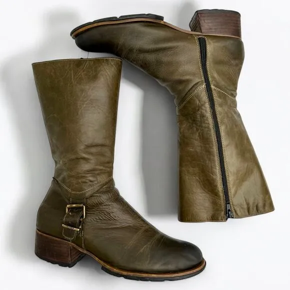 DESTROY Vintage Chunky Olive Green Buckle Leather Boots EU 38 Made in Spain Y2K