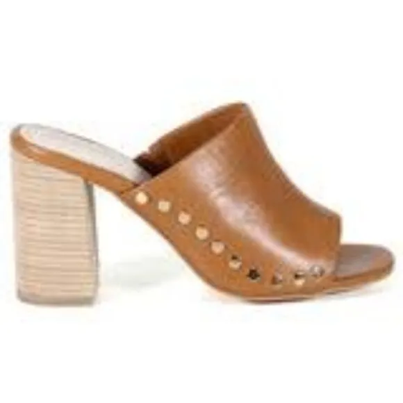 Diba True Twin Crest Leather Studded Block Heel Peep Toe Slide Sandals 3T7