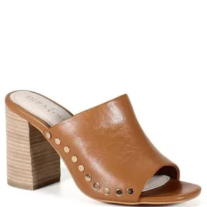 Diba True Twin Crest Leather Studded Block Heel Peep Toe Slide Sandals 3T7