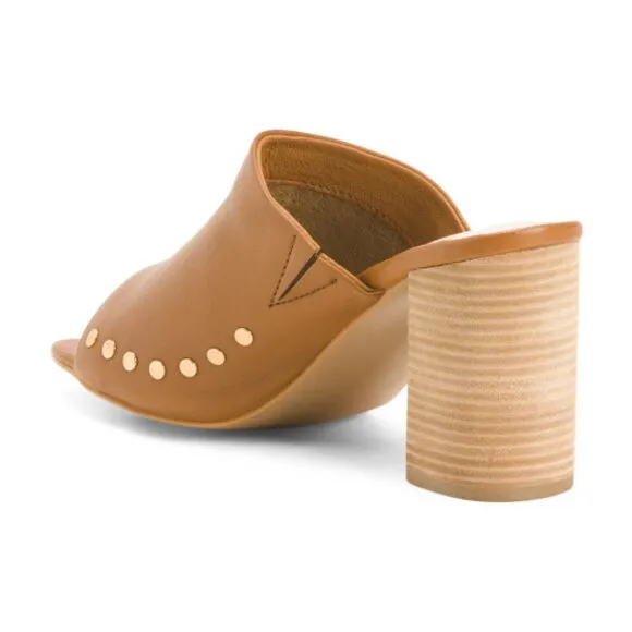 Diba True Twin Crest Leather Studded Block Heel Peep Toe Slide Sandals 3T7