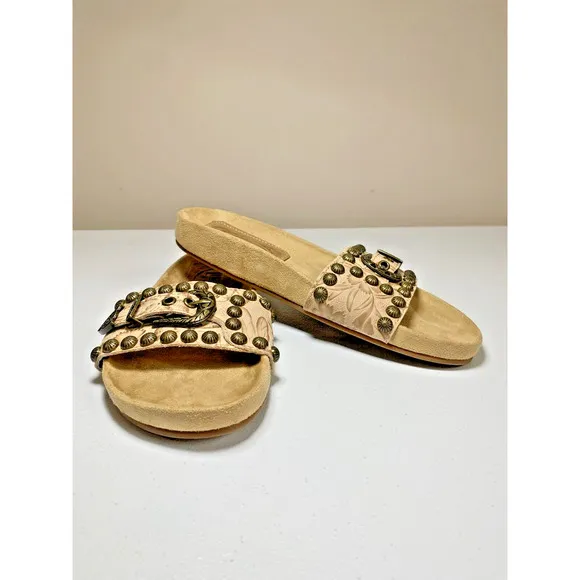 Dingo Boot Take It Easy Slide Sandals Tan Leather Sz 7.5M Boho Western NEW