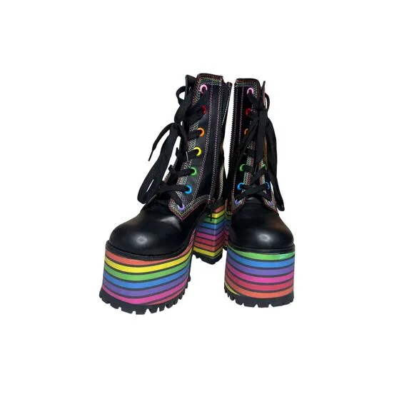 Dolls Kill Club Exx Pride Platform Boots Women's 7 Black Rainbow Lace Up 5&quot; Heel