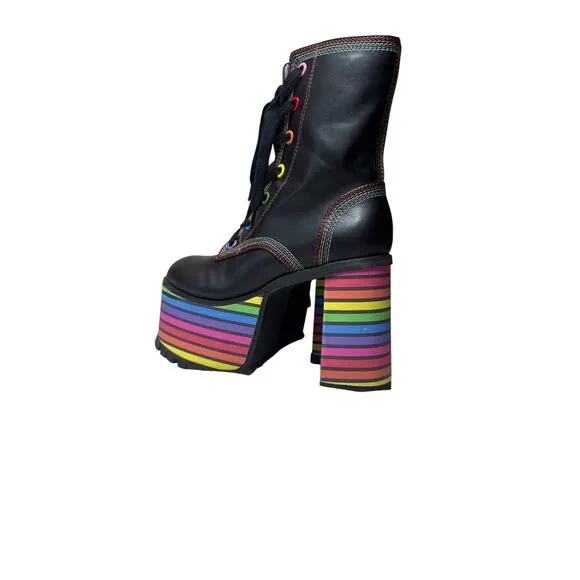 Dolls Kill Club Exx Pride Platform Boots Women's 7 Black Rainbow Lace Up 5&quot; Heel