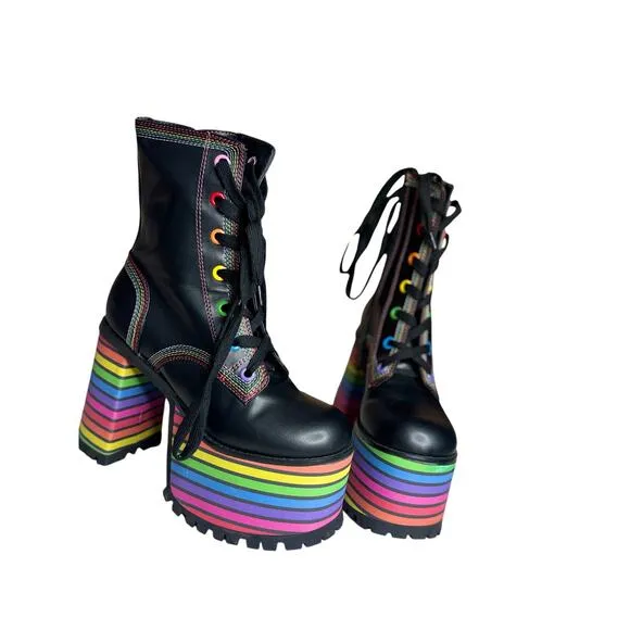 Dolls Kill Club Exx Pride Platform Boots Women's 7 Black Rainbow Lace Up 5&quot; Heel