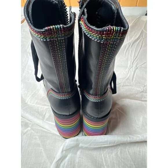 Dolls Kill Club Exx Pride Platform Boots Women's 7 Black Rainbow Lace Up 5&quot; Heel