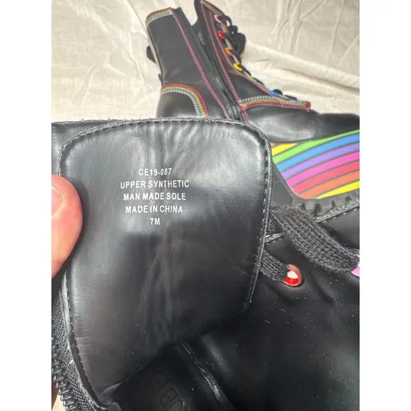 Dolls Kill Club Exx Pride Platform Boots Women's 7 Black Rainbow Lace Up 5&quot; Heel