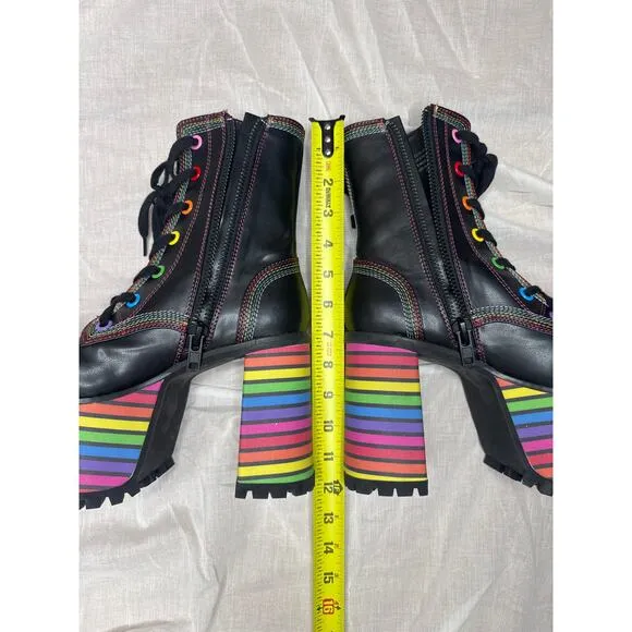 Dolls Kill Club Exx Pride Platform Boots Women's 7 Black Rainbow Lace Up 5&quot; Heel