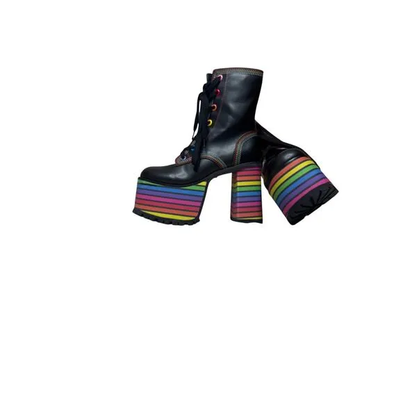Dolls Kill Club Exx Pride Platform Boots Women's 7 Black Rainbow Lace Up 5&quot; Heel