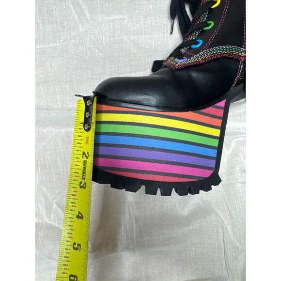 Dolls Kill Club Exx Pride Platform Boots Women's 7 Black Rainbow Lace Up 5&quot; Heel