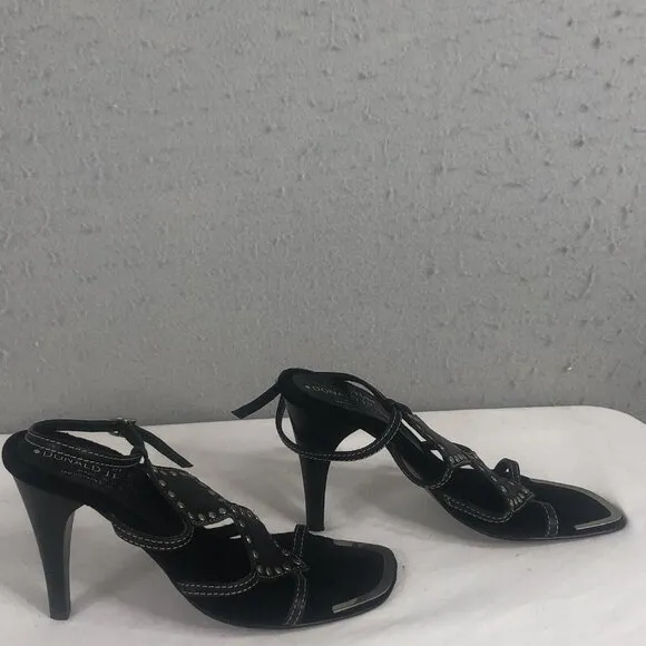 Donald J Pliner Couture Heels Womens 5 Black Leather Sandals Studded Italy