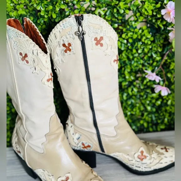 Donald J. Pliner Cream and Brown Heeled Boots with Embroidery