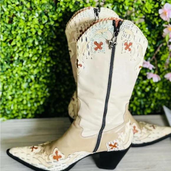 Donald J. Pliner Cream and Brown Heeled Boots with Embroidery