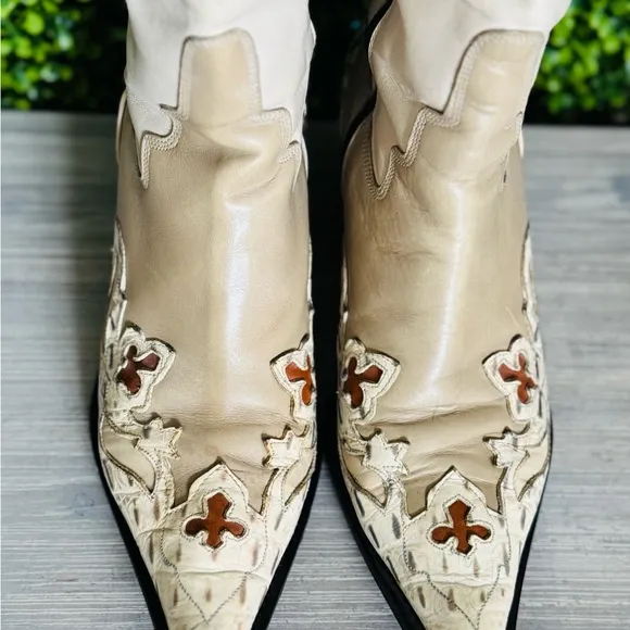 Donald J. Pliner Cream and Brown Heeled Boots with Embroidery