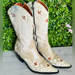 Donald J. Pliner Cream and Brown Heeled Boots with Embroidery