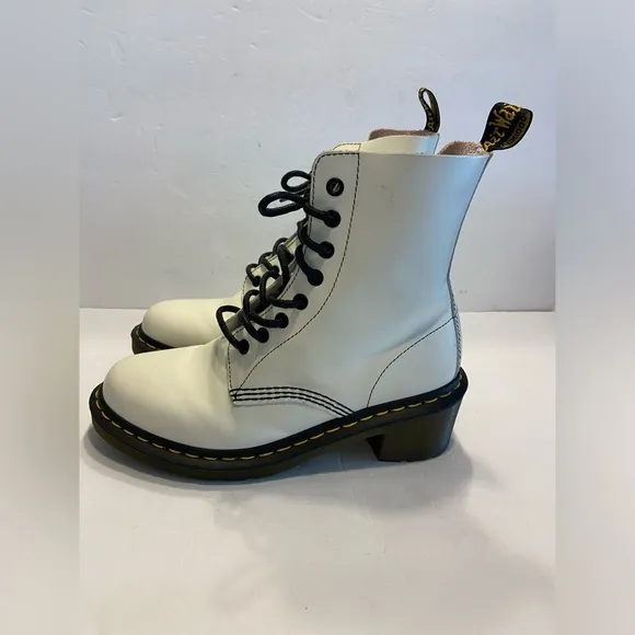 Dr. Martens Clemency 8 White Black Leather Heeled Combat Boots Lace Up Chunky