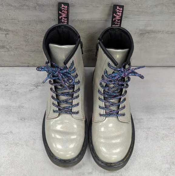 Dr. Martens Junior 1460 Sparkle Rays Kids Silver Lace Up Combat Boots Size 4