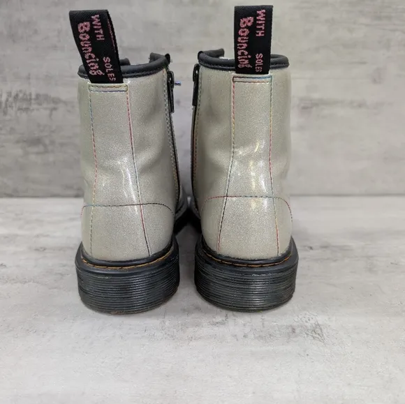 Dr. Martens Junior 1460 Sparkle Rays Kids Silver Lace Up Combat Boots Size 4