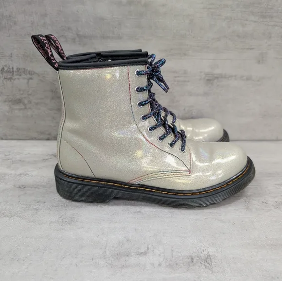 Dr. Martens Junior 1460 Sparkle Rays Kids Silver Lace Up Combat Boots Size 4