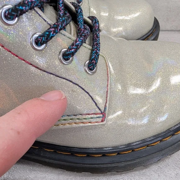 Dr. Martens Junior 1460 Sparkle Rays Kids Silver Lace Up Combat Boots Size 4
