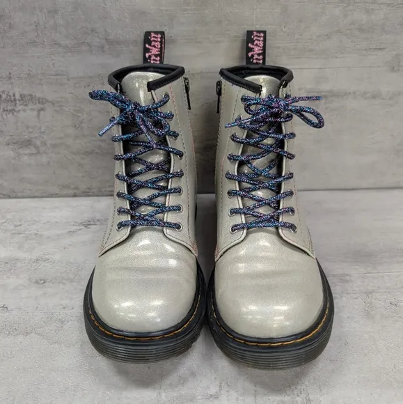 Dr. Martens Junior 1460 Sparkle Rays Kids Silver Lace Up Combat Boots Size 4