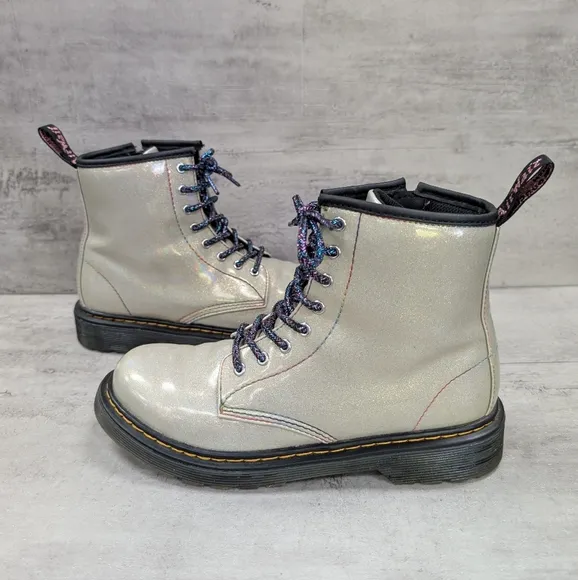 Dr. Martens Junior 1460 Sparkle Rays Kids Silver Lace Up Combat Boots Size 4