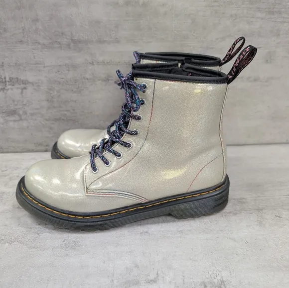 Dr. Martens Junior 1460 Sparkle Rays Kids Silver Lace Up Combat Boots Size 4